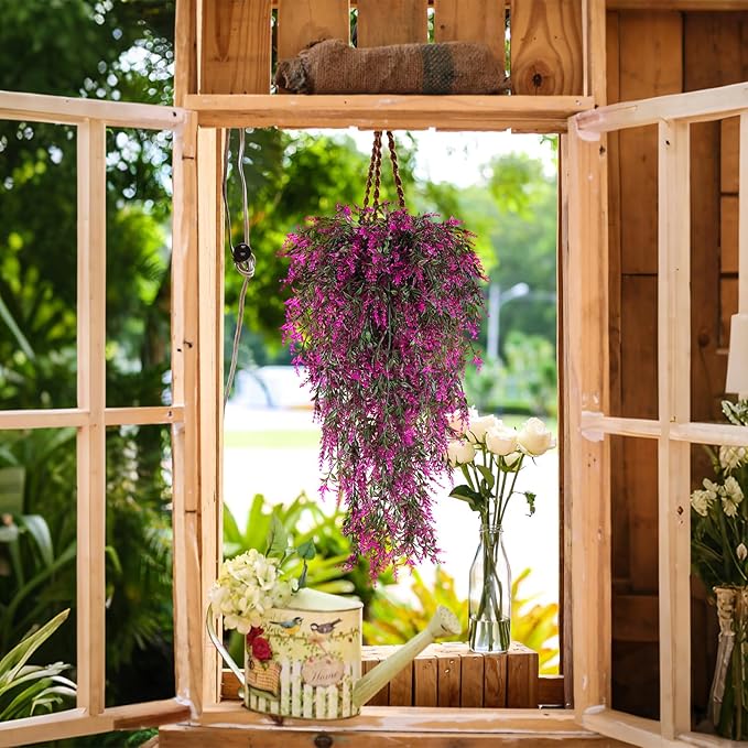 SJL Artificial Flowers for Outdoors Fake Hanging Plant Spring Fake Greenery UV Resistant Artificial Plant Faux Lavender Flower Hanging Greenery Vine for Wedding Farmhouse Porch Shelf Decor (Fuchsia)