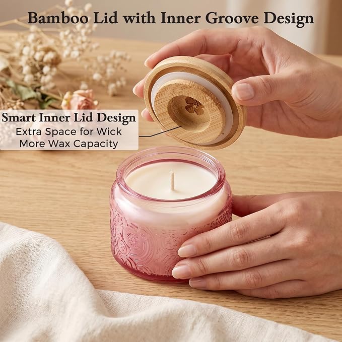 4 oz Pink Sun Moon Stars Candle Jars with Bamboo Lids, 18 Pack | Patented Embossed Design, Includes Wick Centering Devices & Warning Labels, Multiple Color Options