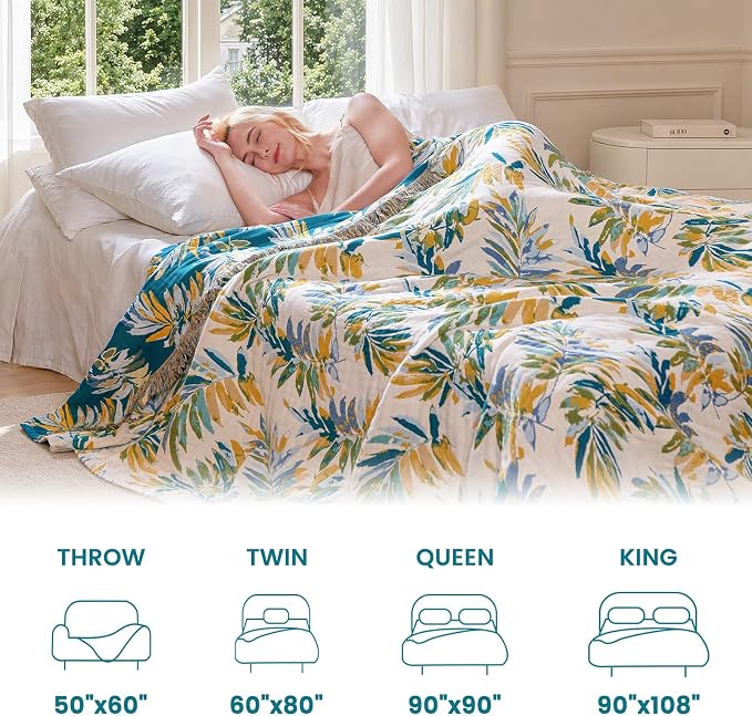 MSGKV Boho Throw Blanket for Couch Cotton Leaves Blanket 50"x60" Throws for Sofa Chair Muslin Summer Breathable Lightweight Farmhouse Blankets Home Decor All Seasons