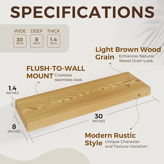 Dreamland 30Inch Floating Shelves for Wall 8" Deep Light Brown Set of 2 | Wall shelves for bathroom, bedroom, Living Room, kitchen, deep wall mount wood storage display for home decor 30" x 8"