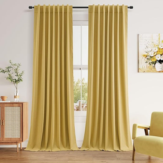 Guken 100% Blackout Curtains 102 Inch Length 2 Panels Set for Living Room Bedroom Back Tab Thermal Insulated Black Out Linen Drapes Room Darkening Window Curtains Gold 52x102