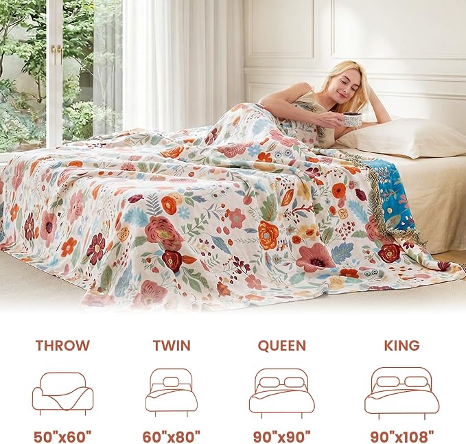 MSGKV Boho Throw Blanket for Bed Twin Size 100% Cotton Floral Blanket 60"x80" for Sofa Couch Muslin Summer Breathable All Seasons Lightweight Farmhouse Blankets Home Decor