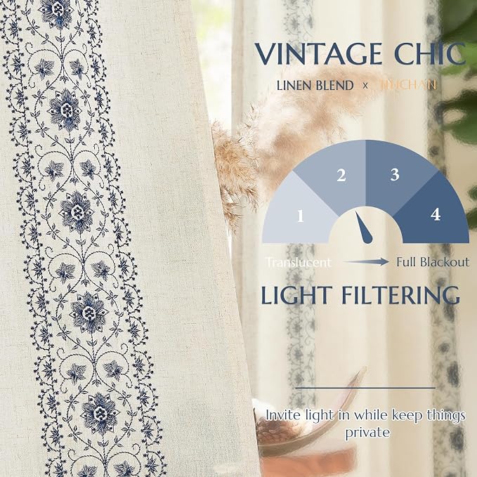 jinchan Weslie Boho Curtains for Bedroom Blue Vintage Floral Farmhouse Curtains 72 Inches Long Linen Drapes for Living Room Embroidered Drapes Light Filtering Rod Pocket Blue on Beige 2 Panels