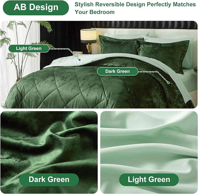Ivellow King Comforter Set 7 Pieces Bed in a Bag Crushed Velvet Comforter Set Flannel King Green Comforter Ultra Soft Breathable Luxury Soft Warm Winter Bedding Set with Sheets, Pillowcases & Shams