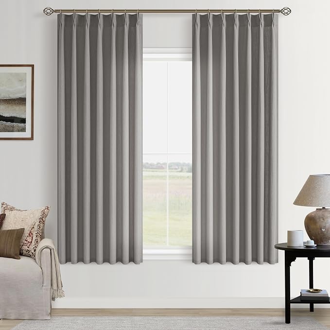 Grey Pinch Pleated Semi Sheer Curtains 63 Inch Length for Living Dining Room Kitchen Linen Blend Light Filtering Pinch Pleat Linen Drapes Back Tab 2 Panels Bedroom Gray Window Curtains 40x63