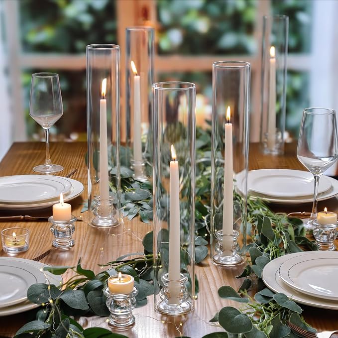 Volens Hurricane Glass Candle Holders Bulk- Set of 24 Candlestick Holders for Taper Candles with Windproof Cylinder Covers 14" Tall Clear Glass Chimney Cover for Wedding Table Centerpiece