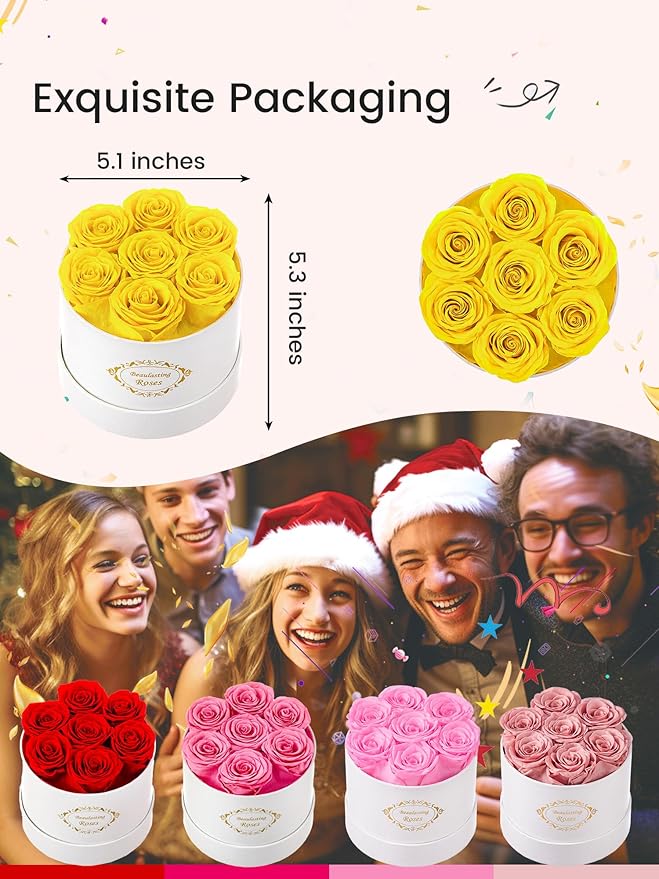 Beaulasting Long Lasting Preserved Roses in a Box Last a Year Forever Flowers for Her Mom Wife Anniversary Birthday (Round White Box, Yellow)
