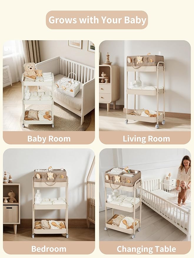 Fortella Baby Diaper Caddy, 3 Tier Rolling Storage Cart for Baby Essentials, Diaper Cart with Detachable Dividers, Storage & Baby Bottle Organizer, Nursery Dresser for Bedroom, Living Room (Taupe)