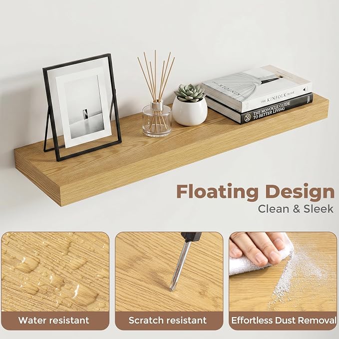 30 Inch Floating Shelves for Wall, 8"D Wood Storage Shelves, Oak Finish | Engineered Wood, Invisible Bracket, Large Storage, Easy Install, Hold Up to 44lbs, Living Room, Bathroom, Bedroom, Kitchen
