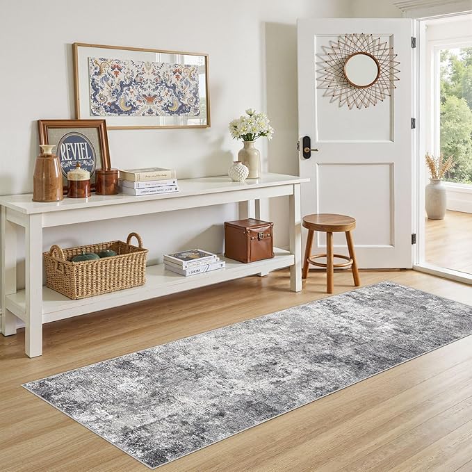 UERMEI 2X6 Washable Runner Rug for Hallway: Soft Neutral Modern Abstract Area Rug - Non-Slip Low Pile Long Throw Indoor Carpet for Kitchen Entryway Kitchen Bedroom Laundry Bathroom - Grey