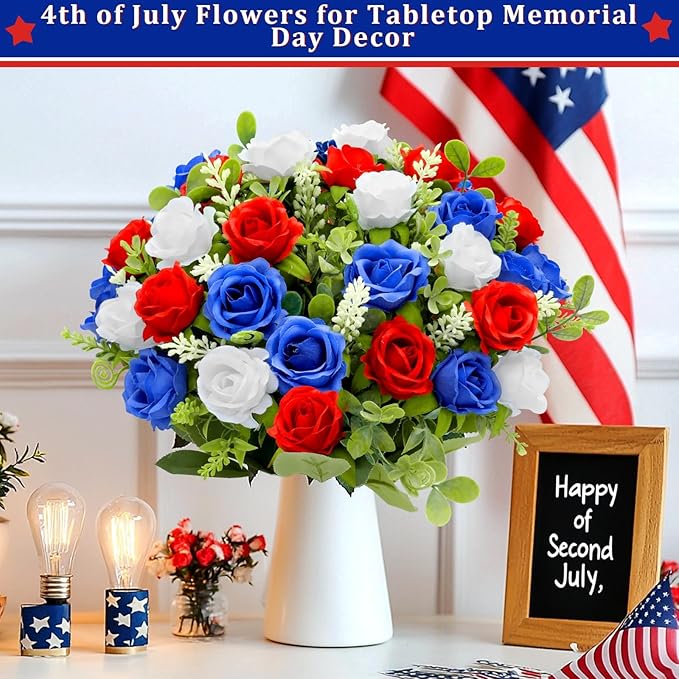 4 Bouquets Artificial Memorial Flowers, Outdoor Grave Decorations, UV Resistant Realistic Fake Silk Roses Patriotic Cemetery Flowers for 4th of July Independence Day Decor Home(Red,White,Blue)