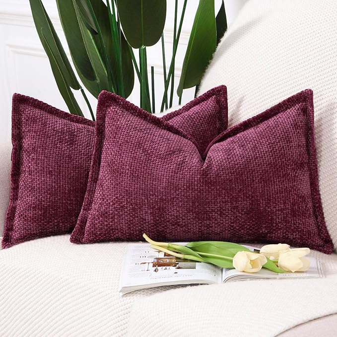 MADIZZ Decorative Chenille Velvet Throw Pillow Covers Set of 2 Soft Boho Textured Neutral Couch Throw Pillow for Bed Modern Farmhouse Home Decor for Sofa Livingroom Burgundy 12x20 Inch