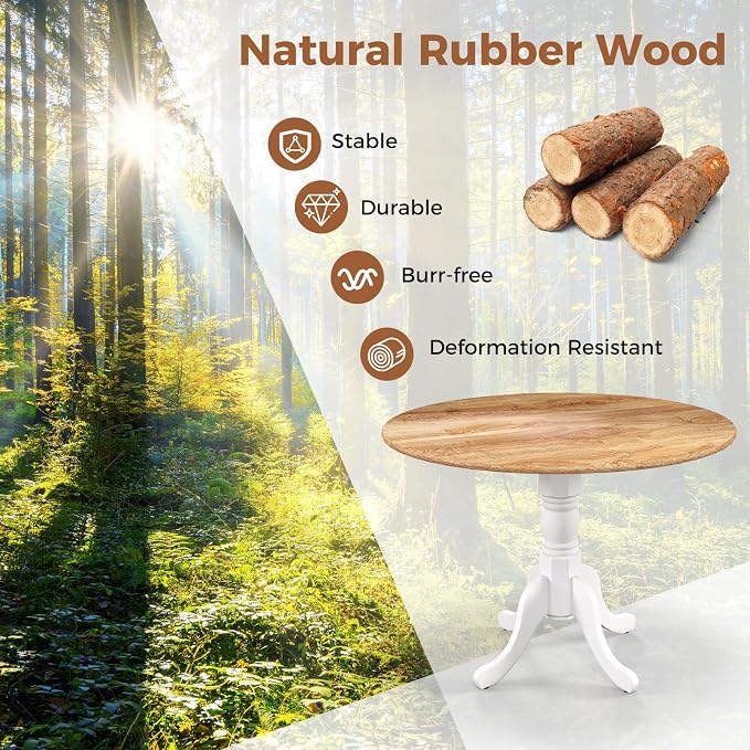 Giantex Round Dining Table, 39" D X 29" H, Rubber Wood Pedestal Table W/Round Tabletop & Curved Trestle Legs, 4-Person Dinner Table for Kitchen, Dining Room, Restaurant (Natural & White)
