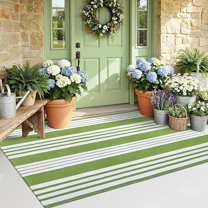 OLANLY Green and White Classic Striped Rug 3' x 5' – Washable Cotton Indoor Outdoor Doormat for Front Door, Entryway, Kitchen, Porch, Patio Decor