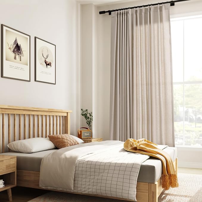 Light Khaki Pinch Pleated Linen Curtains 90 Inches Long Country Boho Farmhouse Semi Sheer Textured Linen Blended Light Filtering Curtain for Living Room Bedroom Pleated Drapes with Hooks Rings 40x90