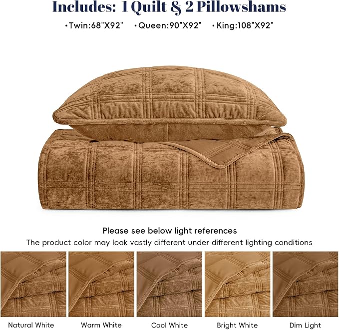 PHF Ultra Soft Velvet Quilt Set Twin Size – 2PCS Luxurious Cozy Quilted Comforter Alternative with Diamond Pattern, Warm Quilted Bedspread Coverlet, 68" x 92", Rusty Burnt Orange