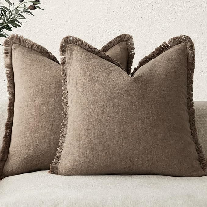 Foindtower Set of 2 Decorative Linen Fringe Throw Pillow Covers Cozy Boho Farmhouse Cushion Cover with Tassels Soft Accent Pillowcase for Couch Sofa Bed Living Room Home Decor, 16×16 Inch, Light Brown