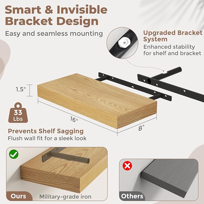 16 Inch Floating Shelves for Wall, 8"D Wood Storage Shelves, Oak Finish | Engineered Wood, Invisible Bracket, Large Storage, Easy Install, Hold Up to 33lbs, Living Room, Bathroom, Bedroom, Kitchen
