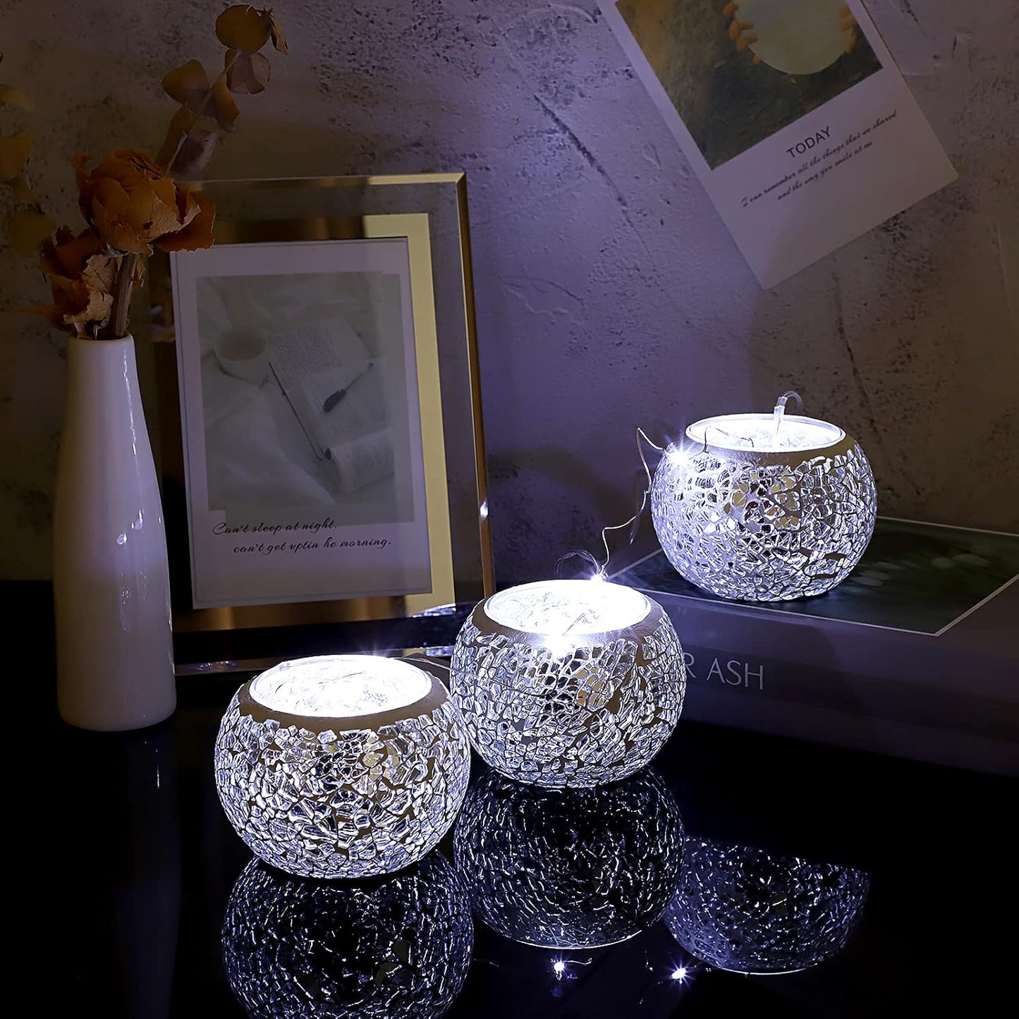 OwnMy 3PCS Mosaic Glass Tea Light Holders Round Bowl Votive Candle Holders Pillar Candle Stands, Silver Glass Mosaic Tealight Holders Potted Plant Bowl Vase Candle Centerpiece for Dining Table Wedding