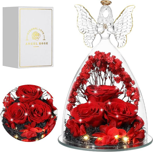 Mothers Day Rose Gifts for Women Preserved Real Flower in Glass Angel Figurines Roses for Delivery Prime Birthday Gifts for Mom Grandma Girlfriend Wife Her, Crystal Red