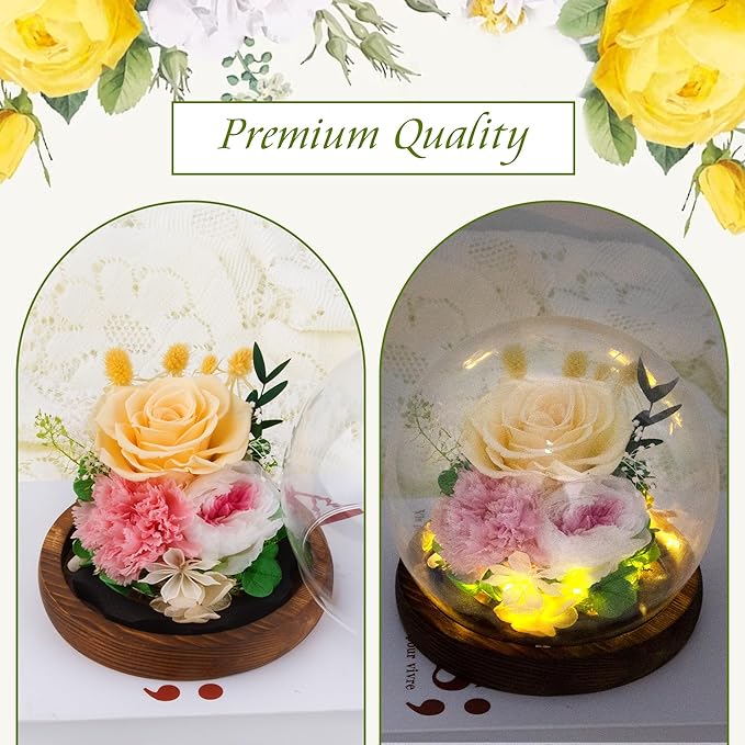 MOKOQI Yellow Rose Birthday Gifts for Women | Mothers Day Gifts for Mom Grandma - Preserved Real Rose in Glass Dome with LED Strip | Fresh Flowers for Delivery on Birthday