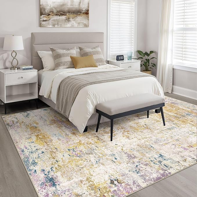 7x9 Area Rug Living Room: Washable Large Neutral Rug Abstract Soft Modern Stain Resistant Indoor Floor Non-Slip Carpet for Bedroom Nursery Kids Classroom Playroom Dining Room- Gold Multi