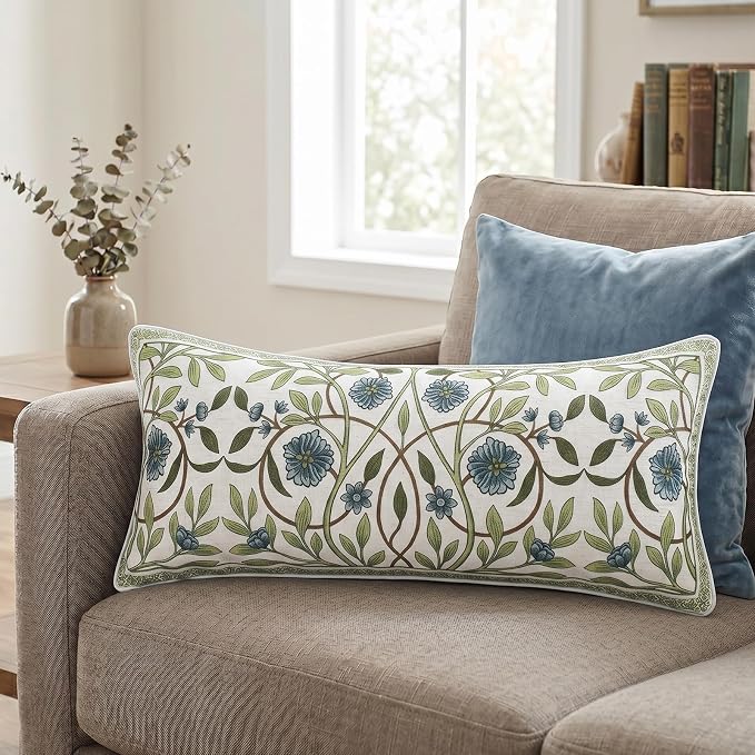 ISAENNE Designer Linen Throw Pillow Cover,Set of 2,28"x12"-Mosella A | Vintage Elegant Rectangle Decor Pillow Cover,Concealed Zipper Design,Floral Pattern,Sofa,Bedroom,Living Room,Lounge Chairs