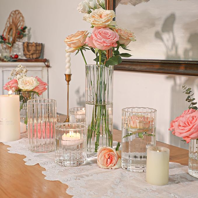 ComSaf Glass Cylinder Vases Pack of 12, Clear Ribbed Bud Vases for Centerpieces Weeding Decoration, 4 inch 6 Inch 10 Inch Tall Clear Flower Vases in Bulk, Hurricane Candle Holder for Party Home Decor