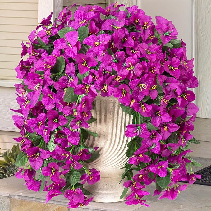 INXUGAO 2 pcs Artificial Faux Bougainvillea Flowers Plants for Outdoor Outside Summer Decoration, Fake Silk UV Resistant Long Trailing Vines for Front Door Porch Planter Balcony (Purple Deep Lotus)