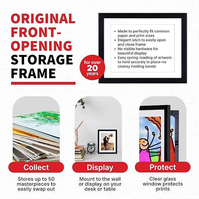 Dynamic Frames Li’l Davinci Art Cabinet, Stores up to 50 Pieces of 8.5 x 11 inch Art, Outer Wooden Frame Dimensions 11.75 x 14.75 inches, Changeable Kids Art Frame, Front Opening, Black