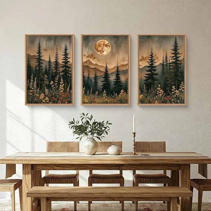 HOURIA Vintage Boho Nature Moonlight Forest Mountain Framed Canvas Wall Art Set,Wilderness Dark Moon Woodland Floral Decor,Retro Wildflower Field Landscape Artwork for Living Room,Farmhouse-24 x36 x3
