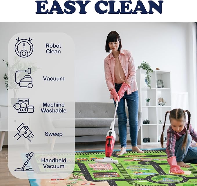 5x7ft Kids Island Train Car Play Rug - Non-Slip Faux Wool Carpet with Interactive Island Map Design, Educational Toy Vehicle Mat for Kids, Bedroom Playroom Nursery Gift.