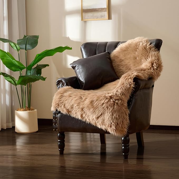 Premium Genuine Sheepskin Area Ruge - Real Wool Fur Shaggy Carpet | Fluffy Soft Natural Lambskin Rug Seat Chair Covers for Couch Sofa Bedroom Living Room(Tan,2×3 Feet Sheepskin)