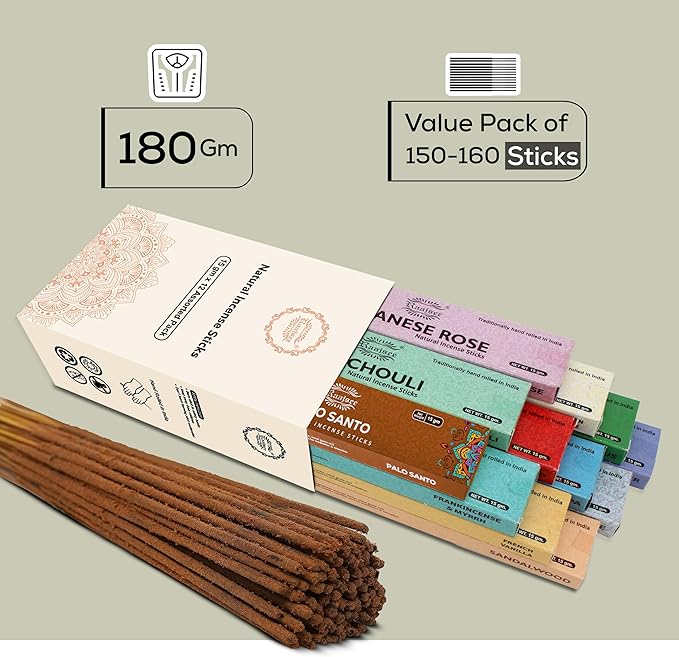 Raajsee Incense Sticks Assorted Pack (180 gm), 100% Pure Organic Natural Hand Rolled Free from Chemicals - Perfect for Aromatherapy, Cleansing, Meditation, and Church (12 Pack)