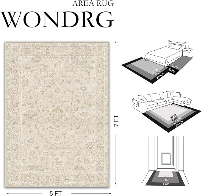 10x14 Beige Washable Area Rug for Living Room Bedroom Neutral Soft Floral Non Slip Large Throw Rug Lightweight Vintage Low Pile Distressed Carpet Office Playroom Dining Room Home Decor