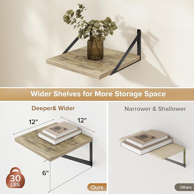 Acovy Deep Floating Shelves Wall Mounted, 12"x12" Gray Wall Shelves with Brackets Set of 2 for Bedroom, Living Room, Bathroom, Kitchen, Office - Storage & Display Shelf for Decor, Books, Plants