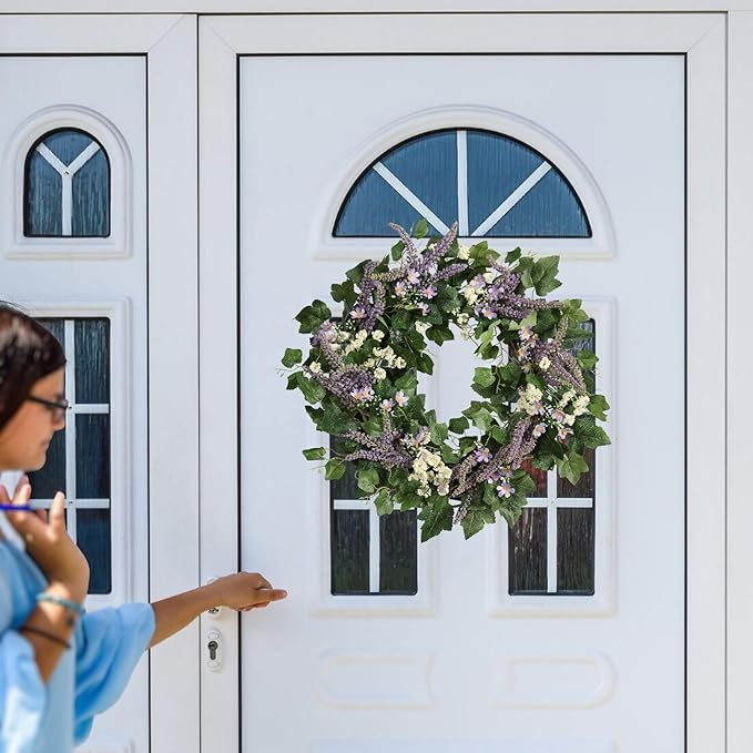 22IN Spring Summer Wreath withGrape Leaves, Lavender. Seasonal Greenery Decor for Front Door, Wall, and Year-Round Celebrations.