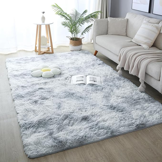 KICHOWUA 3x5 Fluffy Shag Light Grey Rug for Bedroom, Soft Fuzzy Plush Washable Non Slip Carpet, Comfy Shaggy Furry Small Area Rug for Living Room, Kids Baby Boys Girls Nursery Dorm, Tie-Dye Gray
