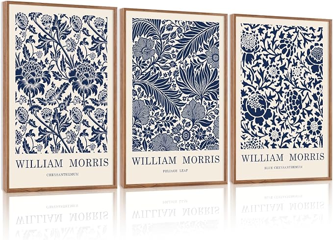 LHIUEM WILLIAM MORRIS Blue and White Picture Wall Decor,Vintage Wall Art Flowers Theme,Neutral Navy Blue White Tones Framed Prints,Scandinavian Cream Canvas Decor,Boho Botanical Art for Home-24”X36”X3