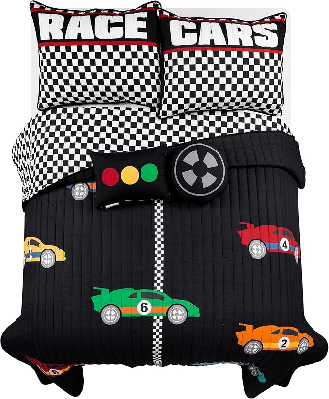 Lush Decor Racing Cars Reversible Quilt Queen Size 5 Piece Set Full/Queen Black & Multi - Kids Bedding Set Queen Quilt - Car Decor