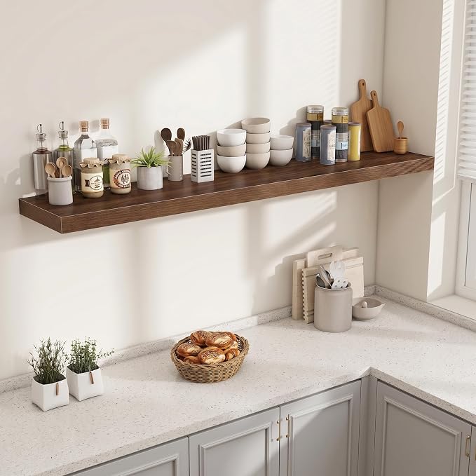 Fun Memories 72 Inch Fireplace Mantel Shelf, 12 Inch Deep Shelves for Display & Wall Storage, Rustic Wood Wall Shelf, Extra Long Floating Shelves for Living Room Laundry Room, Walnut, Set of 2