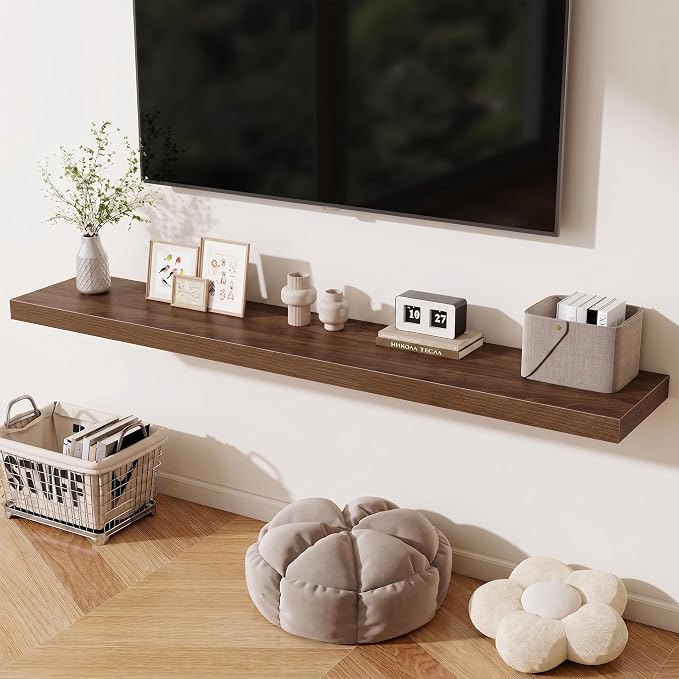 Fun Memories 72 Inch Fireplace Mantel Shelf, 12 Inch Deep Shelves for Display & Wall Storage, Rustic Wood Wall Shelf, Extra Long Floating Shelves for Living Room Laundry Room, Walnut, Set of 1