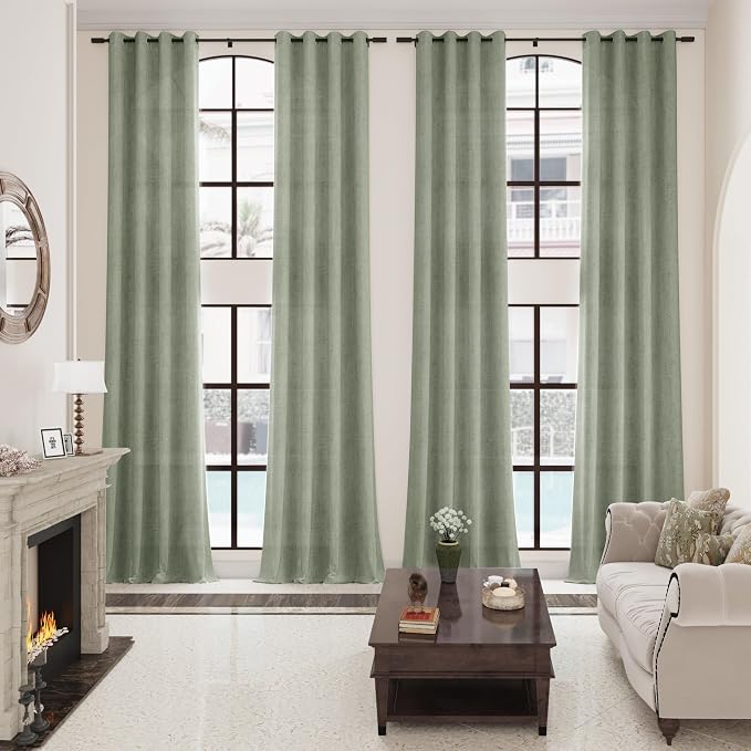 Green Semi Sheer Extra Long Curtains 120 Inch Length for Living Room 2 Panel Set Grommet Linen Textured Privacy Light Filtering Spring Boho Decor Sage Green Curtains 120 Inches Long for Dining Room