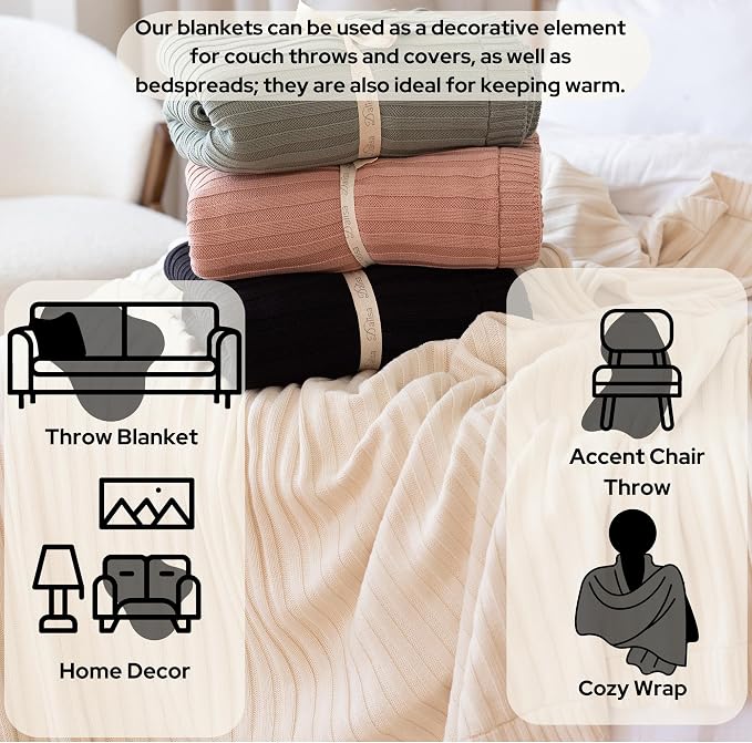 100% Organic Cotton Knit Blanket Denise 80x90 Inches Earth Ivory -Soft and Lightweight, Breathable All-Season Throw for Bed, Sofa, or Lounge Area - GOTS Certified-Perfect for Home and Bedroom Styling