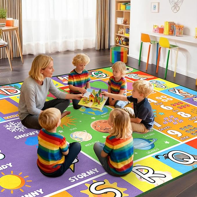 Kid Rug 9x12 Feet, Alphabet Rug for Classroom Educational ABC Rugs for Kids Playroom Preschool Nursery Bedroom Living Room Toddler Room Decor Mat