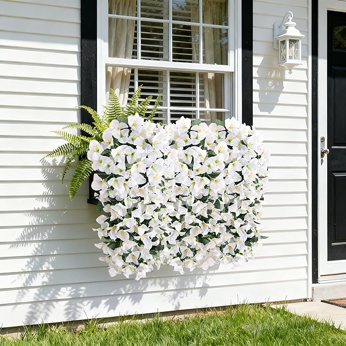 INXUGAO 2 pcs Artificial Faux Bougainvillea Flowers Plants for Outdoor Outside Summer Decoration, Fake Silk UV Resistant Long Trailing Vines for Front Door Porch Planter Balcony (White)