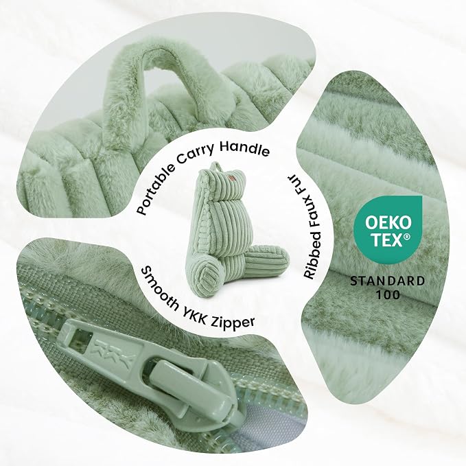 Amélie Home Faux Fur Reading Pillow with Pocket for Sitting in Bed, Adult Backrest Bed Pillow with Washable Cover for Lounging, Watching TV/Gaming/Resting/Post/Surgery/Nursing, Sage Green 25 inches
