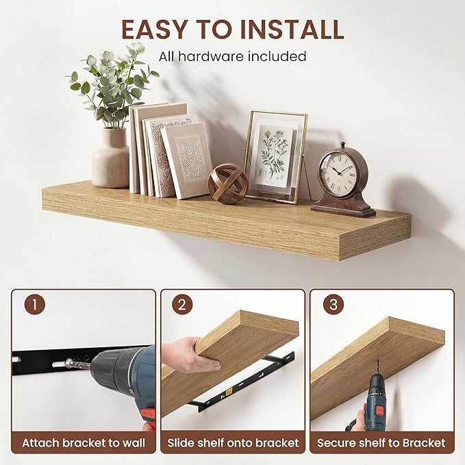 Dreamland 24 Inches Floating Shelves for Wall,9.3" Deep Long Floating Shelves Set of 2,Large Display & Storage Shelf,Wall Shelf for Bathroom Bedroom Living Room Kitchen Office,Oak