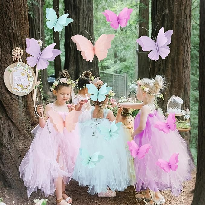 3D Hanging Butterfly Decorations, Butterfly Birthday Party Decorations, 4 Pcs Crepe Paper Butterfly Hanging Decorations for Girls, Women, Flower Garden Party Decorations