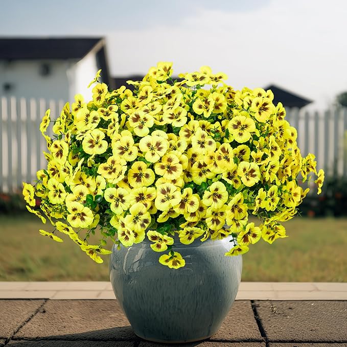24 Pcs Artificial Fake Pansy Flowers for Outdoor,Faux Silk Plants Flowers UV Resistant Pansies Spring Flowers for Planter Front Door Porch Yard Patio Garden Window Box Home Decor(Yellow)